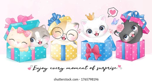 Cute little kitty sitting inside gift box illustration