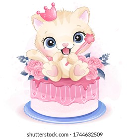 Cute little kitty sitting in the roses cake illustration