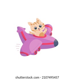 Cute little kitty travel on plane, cartoon funny pilot animal cat is flying on airplane at sky. Flat vector isolated illustration for kids design of t-shirt, books or cards.