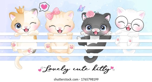 Cute little kitty with watercolor illustration