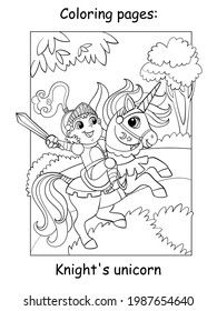 Cute little knight in armor riding a unicorn. Coloring book page for children. Vector cartoon illustration isolated on white background. For coloring book, education, print, game,decor, puzzle, design