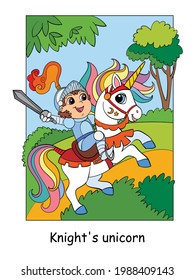 Cute little knight in armor riding a unicorn. Vector colorful cartoon illustration in children style. For postcard, posters, design, cards, stickers, room decor, party and baby shower, apparel, puzzle