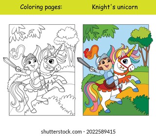 Cute little knight in armor riding a unicorn. Coloring book page for children with colorful template. Vector cartoon isolated illustration. For coloring book, education, print, game, decor, puzzle