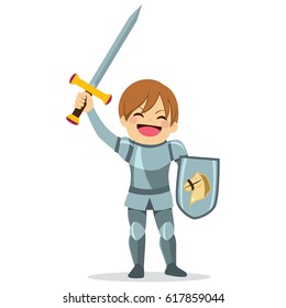 Cute little knight boy character with arm up holding sword