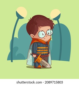 Cute Little Knight Boy Ready For Adventures, Vector Illustration. Enthusiastic Boy In Spectacles Wearing A Mantle And Holding A Toy Sword. Nice Child, Playful Kid, Toddler With Vivid Imagination