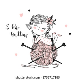 Cute little knitter with a huge skein of yarn. Vector