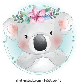 Cute little koala bear with floral portrait