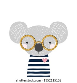 Cute little koala bear with gold glitter glasses. Kids fashion print. Vector hand drawn illustration.