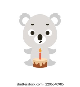 Cute little koala with birthday cake on white background. Cartoon animal character for kids cards, baby shower, invitation, poster, t-shirt composition, house interior. Vector stock illustration