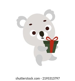 Cute little koala carries gift box on white background. Cartoon animal character for kids t-shirts, nursery decoration, baby shower, greeting card, house interior. Vector stock illustration