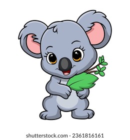 Cute little koala cartoon holding leaves