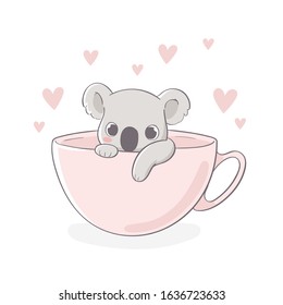 Cute little koala character sitting in pink cup hand drawn vector illustration. Can be used for t-shirt print, kids wear, fashion design, baby shower invitation card, poster, birthday, nursery