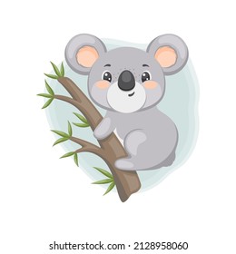 Cute little koala climbing on the eucalyptus branch. Vector illustration.