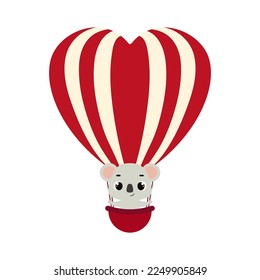 Cute little koala fly on heart hot air balloon. Cartoon animal character for kids cards, baby shower, invitation, poster, t-shirt composition, house interior. Vector stock illustration