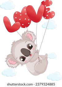 Cute little Koala flying with love balloon