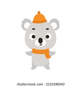Cute little koala in hat and scarf. Cartoon animal character for kids t-shirts, nursery decoration, baby shower, greeting card, invitation, house interior. Vector stock illustration
