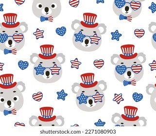 Cute kleine koala Kopf in den USA patriotischen Hut nahtlose kindisch Muster. Funny Cartoon Tier Charakter für Stoff, Umhüllung, Textil, Tapete, Bekleidung. Vektorgrafik