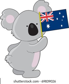 A cute little koala is holding up an Australian flag