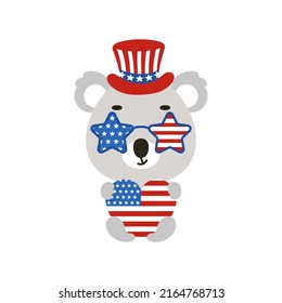 Cute little koala holding heart in USA patriotic hat and glasses. Cartoon animal character for kids t-shirt, decoration, baby shower, greeting card, house interior. Vector stock illustration