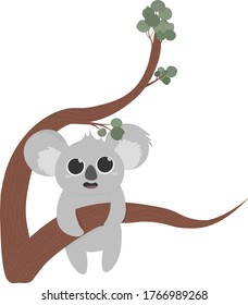 Cute little koala on a tree, eucalyptus leaves, lovely cube, adorable bear in cartoon style 