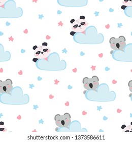 Cute little koala and panda in cloud hand drawn children vector illustration. Baby graphic shower for kids t-shirt seamless pattern.  Cartoon sky for fabric textile print on white background.