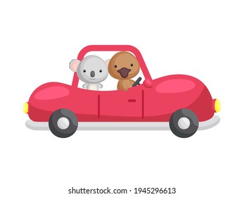 Cute little koala and platypus driving red car. Cartoon character for childrens book, album, baby shower, greeting card, party invitation, house interior. Vector stock illustration.