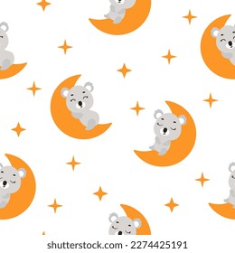 Cute little koala sleeping on moon seamless childish pattern. Funny cartoon animal character for fabric, wrapping, textile, wallpaper, apparel. Vector illustration