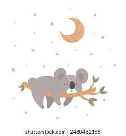 Cute little koala sleeping on a branch in the middle of the night sky. Children's illustration for posters, fabric prints and children's cards on white background. Vector