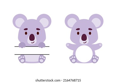 Cute little koala split monogram. Funny cartoon character for kids t-shirts, nursery decoration, baby shower, greeting cards, invitations, scrapbooking, home decor. Vector stock illustration