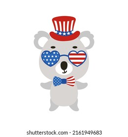 Cute little koala in USA patriotic hat and glasses. Cartoon animal character for kids t-shirt, decoration, baby shower, greeting card, invitation, house interior. Vector stock illustration