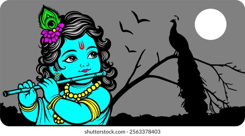 A Cute little Krishna Playing the flute Surrounded by a beautiful peacock Vector Illustration Art