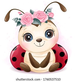 Cute little ladybird with watercolor illustration