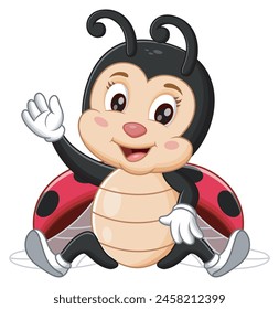 Cute Little Ladybug Cartoon Sitting Waving Hand. Animal Nature Icon Concept Isolated Premium Vector. Vector Illustration