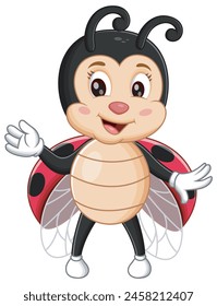 Cute Little Ladybug Cartoon Waving Hand. Animal Nature Icon Concept Isolated Premium Vector. Vector Illustration