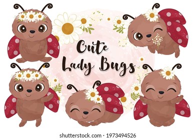 Cute little ladybugs in set in watercolor illustration