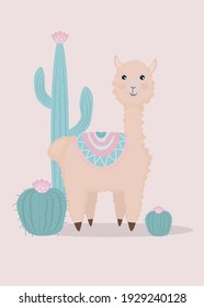 cute little lama alpaca with cactuses flowers 