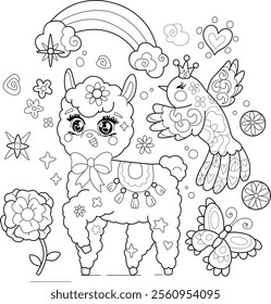 Cute little lama with bird and flowers kids coloring page.