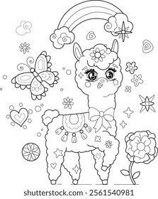 Cute little lama with bird and flowers kids coloring page.