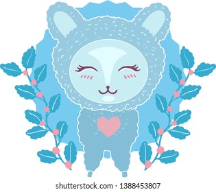 Cute little lama, kawaii  alpaca character with flowers cartoon doodle vector illustration isolated on white background. Vector hand drawn illustration for card and shirt design, fabric textile