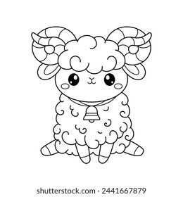 Cute little lamb with a bell. Cute animals. Coloring book, black and white vector illustration.