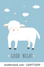 Kleines Lämmchen runter. Blauer Hintergrund mit Cartoon Schafen, Wolken, Sternen und Text Gute Nacht. Teppichboden für Kinderzimmer-Dekoration, Kindergartenposter.