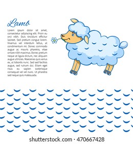 Cute little lamb cartoon sheep on blue spotted pattern background with space for your text isolated on white, Vector Illustration, Character design for baby shower, greeting card, children invite