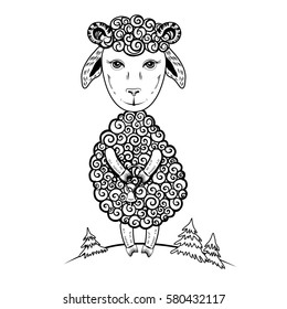 Cute little lamb cartoon sheep vector graphic hand drawn illustration, ink sketch cub ewe isolated on white background, farm animal. Character design for baby shower, greeting card, children invite