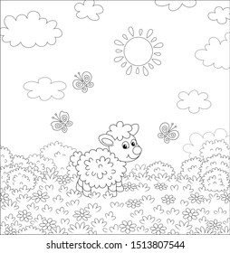 Cute little lamb and flittering butterflies among flowers on a meadow on a sunny summer day, black and white vector illustration in a cartoon style for a coloring book