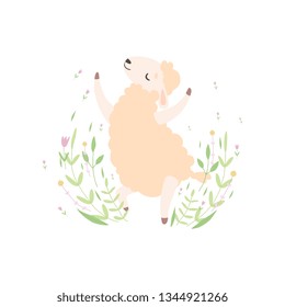 Cute Little Lamb Jumping Happily, Adorable Sheep Animal on Spring Meadow Vector Illustration