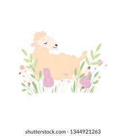 Cute Little Lamb Lying on Spring Meadow, Adorable Sheep Animal Vector Illustration