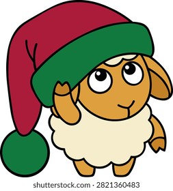 Cute little lamb sheep character wearing oversized red Santa hat with green cuff flat graphic icon isolated on white background Christmas celebration