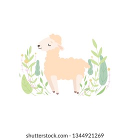 Cute Little Lamb Standing on Meadow, Adorable Sheep Animal Vector Illustration