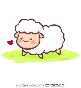 Cute little lamp cartoon character. Kawai sheep on the field. Animal concept design. Hand drawn flat vector illustration.