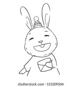 Cute little laughing rabbit with letter postcard greetings in his hands. Vector drawing cartoon illustration